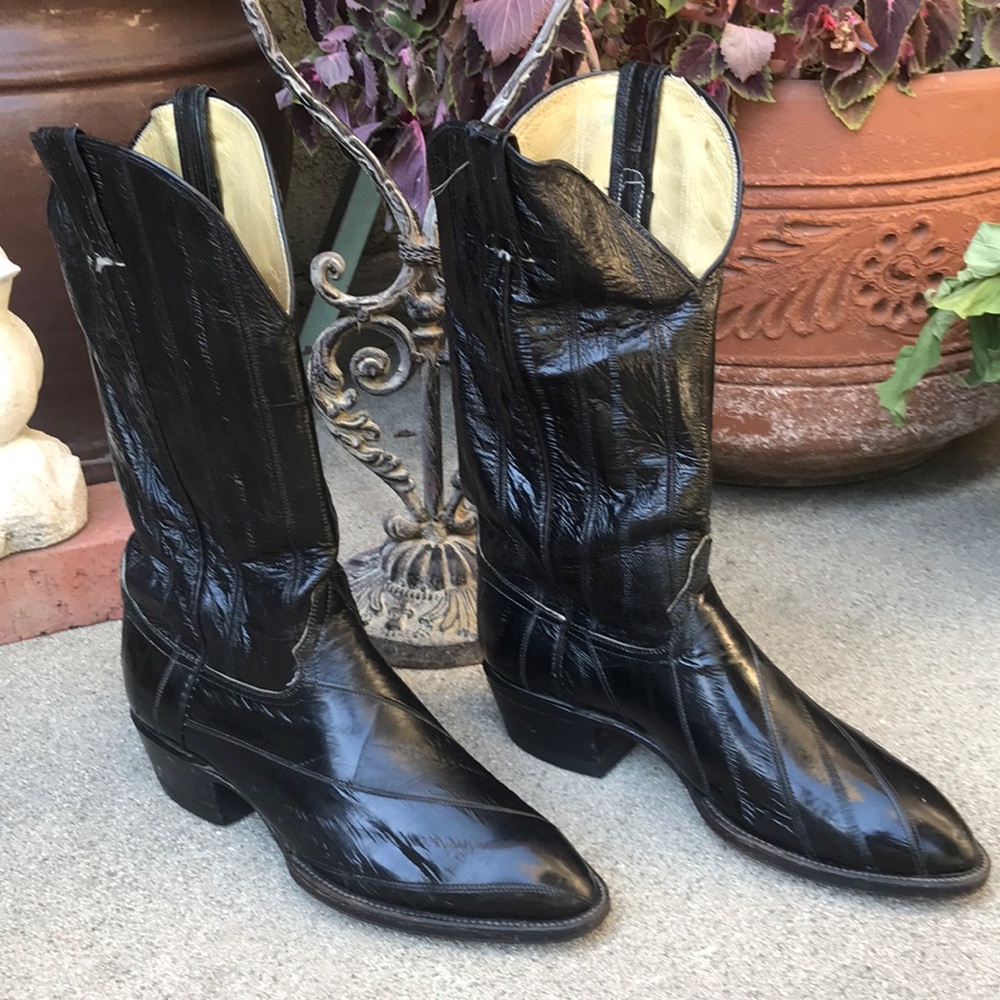 Boots Cowboy 1980s eel skin  vintage black HONDO BOOTS men 9